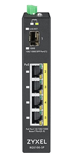 Zyxel RGS100-5P - Switch - unmanaged - 4 x 10/100/1000 (PoE+) + 1 x Fast Ethernet/Gigabit SFP - rack-mountable, DIN rail mountable - PoE+ (120 W) - DC power