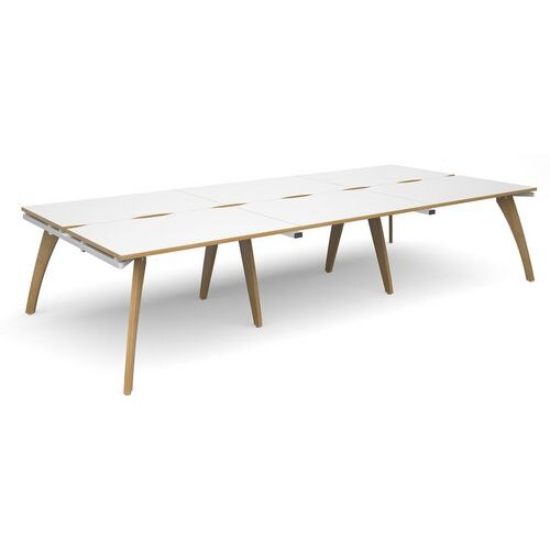 Dams International Rectangular Triple Back to Back Desk with White Melamine Top, Oak Edging and White Frame 4 Solid Oak Legs Fuze 3600 x 1600 x 725 mm