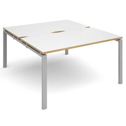 Dams International Rectangular Back to Back Desk with White Melamine Top, Oak Edging and Silver Frame 4 Legs Adapt II 1400 x 1600 x 725 mm