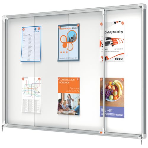 Nobo Premium Plus Wall Mountable Indoor Magnetic Lockable Notice Board 1902571 Aluminium Frame Sliding Safety Glass Door 18xA4 White 1355 x 970 mm