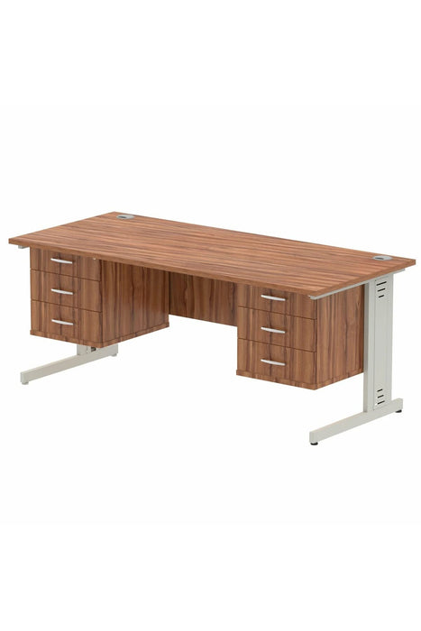 Dynamic Rectangular Office Desk Walnut MFC Cable Managed Cantilever Leg Silver Frame Impulse 2 x 3 Drawer Fixed Ped 1800 x 800 x 730mm