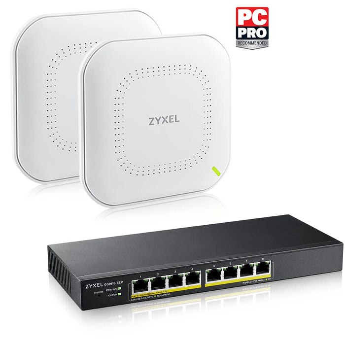 Zyxel GS1915 Netzwerk Starter Kit GS1915-8EP 1x + NWA90 2x - Starter Kit - switch - 2x WiFi 6 Access Points & 8-Port PoE Smart managed Switch [NWA90AX & GS1915-8EP] - smart - 8 x 10/100/1000 (PoE+) - desktop, wall-mountable - PoE+ (60 W)