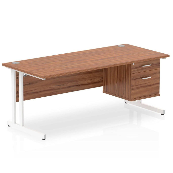 Dynamic Rectangular Office Desk Walnut MFC Cantilever Leg White Frame Impulse 1 x 2 Drawer Fixed Ped 1800 x 800 x 730mm