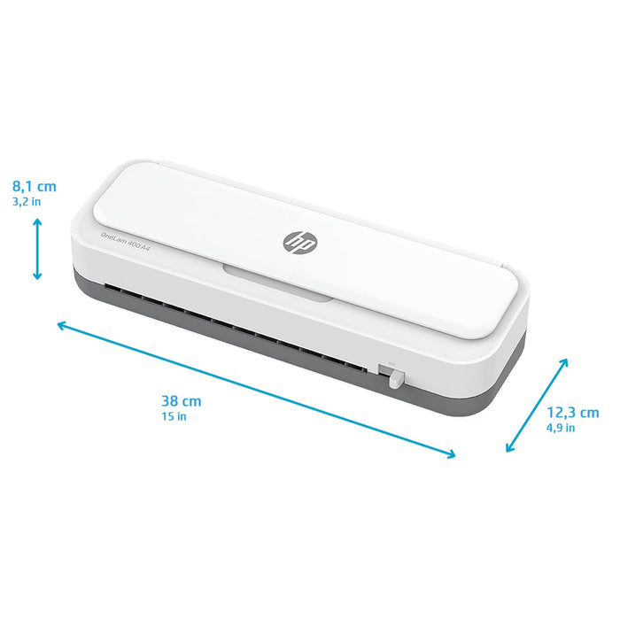 HP OneLam 400 38 x 12.3 x 8.1 cm A4 Laminator 400 mm/min. 125 Microns 2 min warm-up period