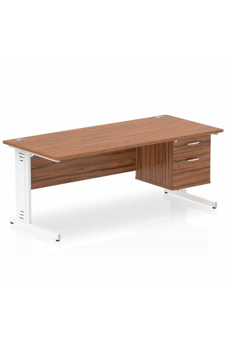 Dynamic Rectangular Office Desk Walnut MFC Cable Managed Cantilever Leg White Frame Impulse 1 x 2 Drawer Fixed Ped 1800 x 800 x 730mm