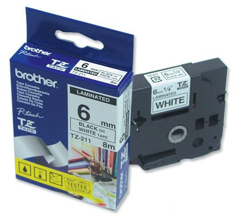 Brother P-touch Labelling Tape Authentic TZe-211 Adhesive Black on White 6 mm x 8 m