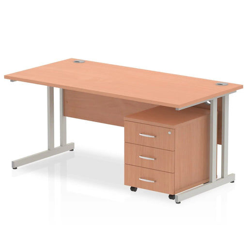 Impulse Cantilever Straight Office Desk W1400 x D800 x H730mm Walnut Finish White Frame With 3 Drawer Mobile Pedestal - I003891