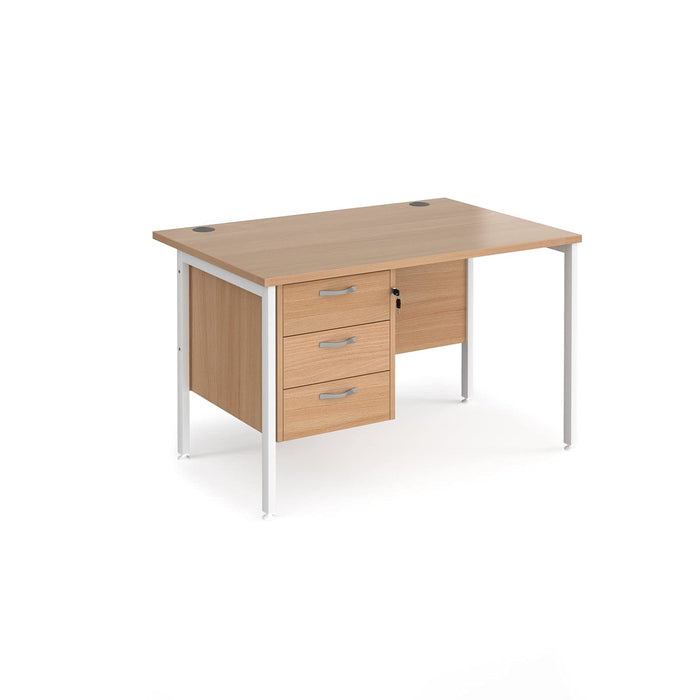 Rectangular Straight Desk Beech Wood H-Frame Legs White Maestro 25 1200 x 800 x 725mm 3 Drawer Pedestal