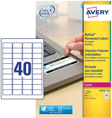 Avery NoPeel Permanent Labels Self Adhesive 45.7 x 25.4 mm White Rectangular 20 Sheets of 40 Labels