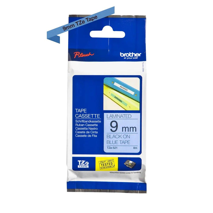 Brother TZE-521 Labelling Tape Adhesive Black on Blue 9 mm (W) x 8 m (L)