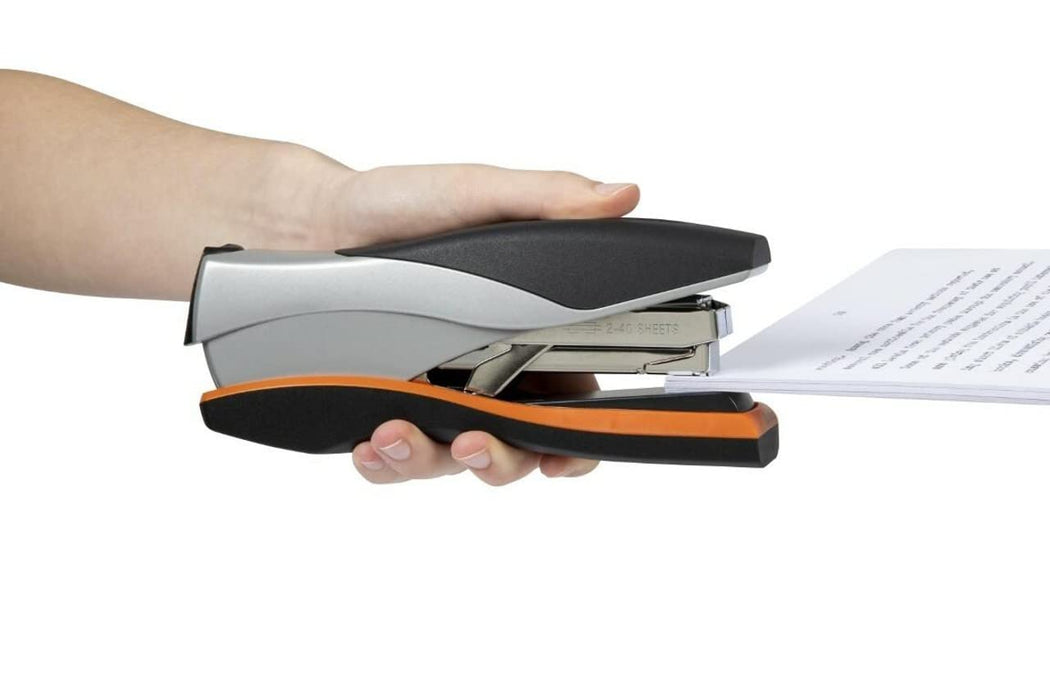 Rexel Optima 40 Flat Clinch Stapler 2102357 Low Force Full Strip Silver, Orange 40 Sheets Optima 26/6 Metal, Plastic