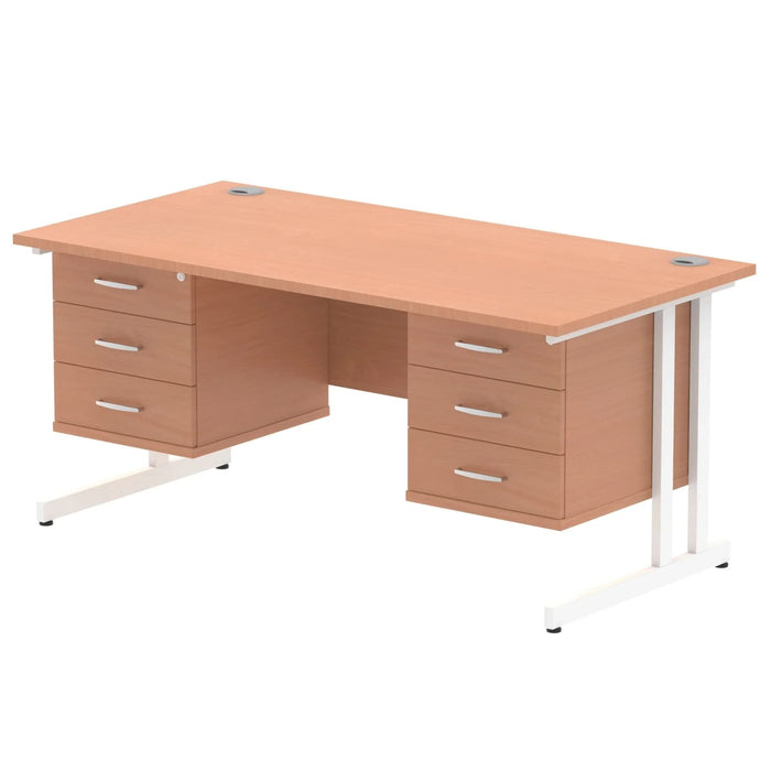 Dynamic Rectangular Office Desk Beech MFC Cantilever Leg White Frame Impulse 2 x 3 Drawer Fixed Ped 1600 x 800 x 730mm