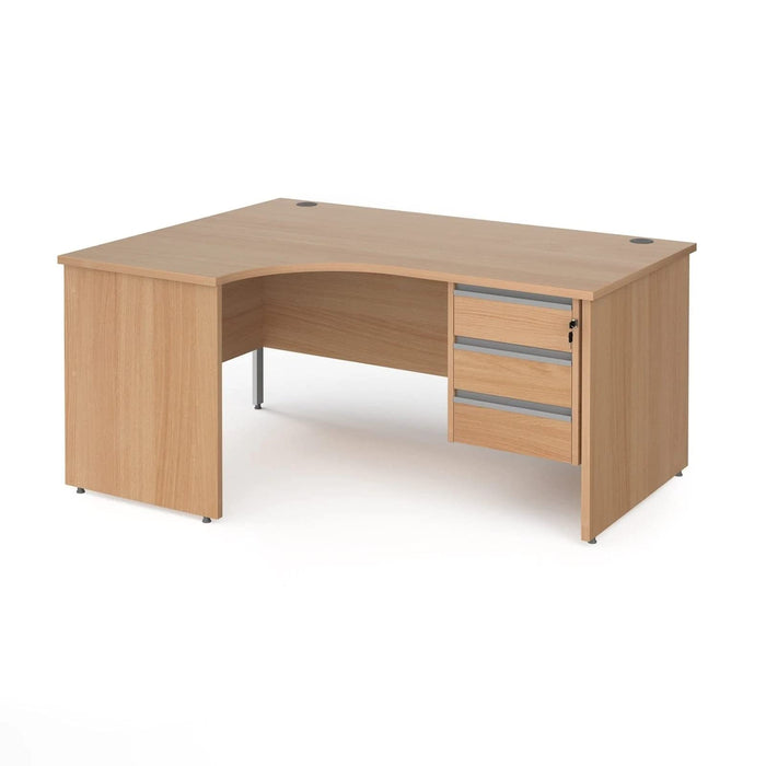 Dams International Left Hand Ergonomic Desk with 3 Lockable Drawers Pedestal and Beech Coloured MFC Top with Silver Panel Ends and Silver Frame Corner Post Legs Contract 25 1600 x 1200 x 725 mm