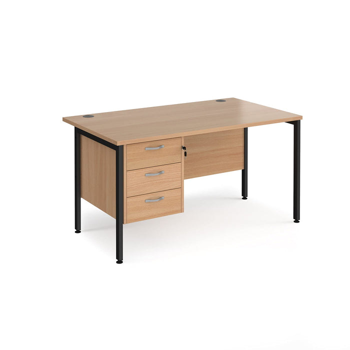 Rectangular Straight Desk Beech Wood H-Frame Legs Black Maestro 25 1400 x 800 x 725mm 3 Drawer Pedestal