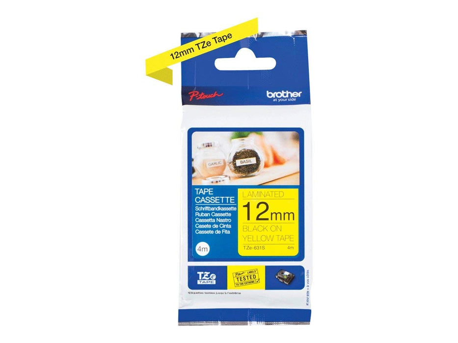 Brother TZe-631S 12mm Black on Yellow Labelling Tape Cassette, 4M Long