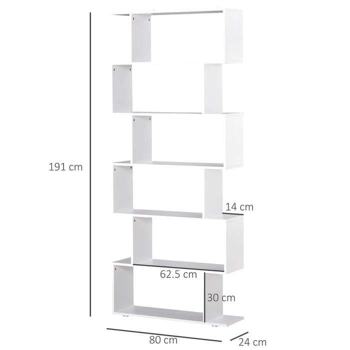 Homcom S Shape Wooden Bookshelf with 6-Tier White 800 x 240 x 1,920 mm