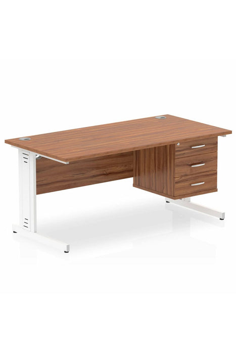 Dynamic Rectangular Office Desk Walnut MFC Cable Managed Cantilever Leg White Frame Impulse 1 x 3 Drawer Fixed Ped 1600 x 800 x 730mm