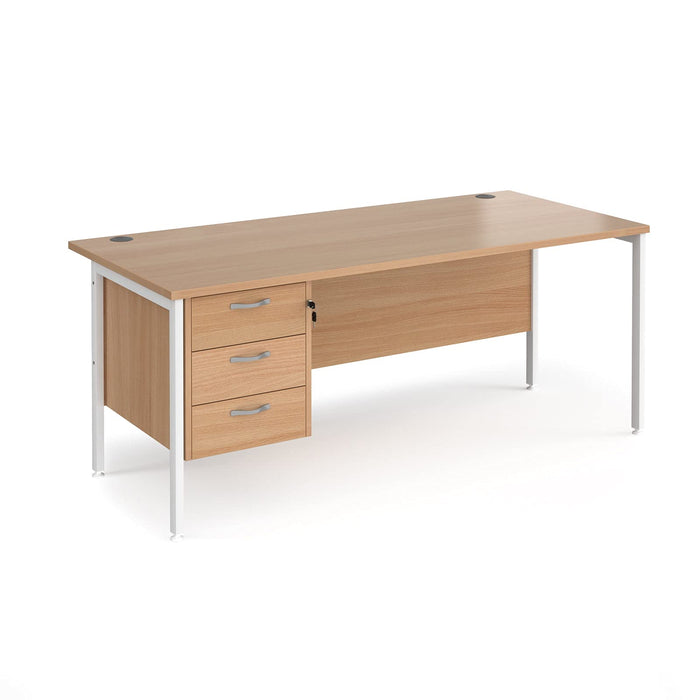 Rectangular Straight Desk Beech Wood H-Frame Legs White Maestro 25 1400 x 800 x 725mm 3 Drawer Pedestal