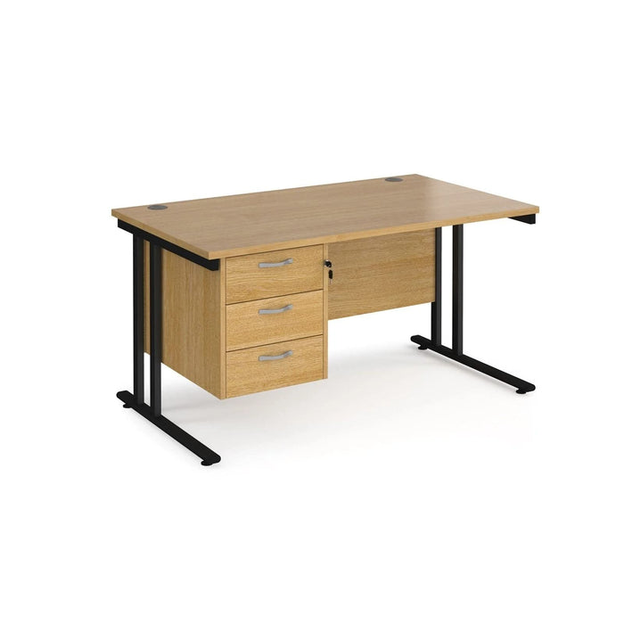 Rectangular Straight Desk with 3 Drawer Pedestal and Cantilever Legs Oak Wood Black Maestro 25 1400 x 800 x 725mm