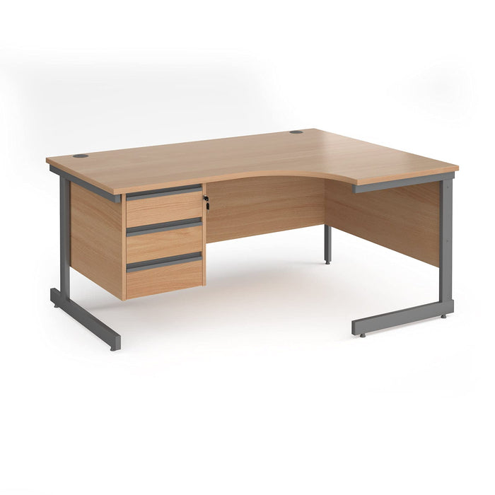 Right Hand Ergonomic Desk with 3 Lockable Drawers Pedestal and Beech Coloured MFC Top with Graphite Frame Cantilever Legs Contract 25 1600 x 1200 x 725 mm