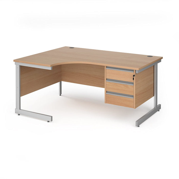 Left Hand Ergonomic Desk with 3 Lockable Drawers Pedestal and Beech Coloured MFC Top with Silver Frame Cantilever Legs Contract 25 1600 x 1200 x 725 mm