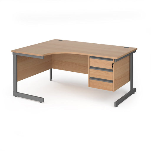 Left Hand Ergonomic Desk with 3 Lockable Drawers Pedestal and Beech Coloured MFC Top with Graphite Frame Cantilever Legs Contract 25 1600 x 1200 x 725 mm