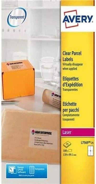 Avery L7569-25 Parcel Labels 139 x 99.1 mm Clear 25 Sheets of 4 Labels