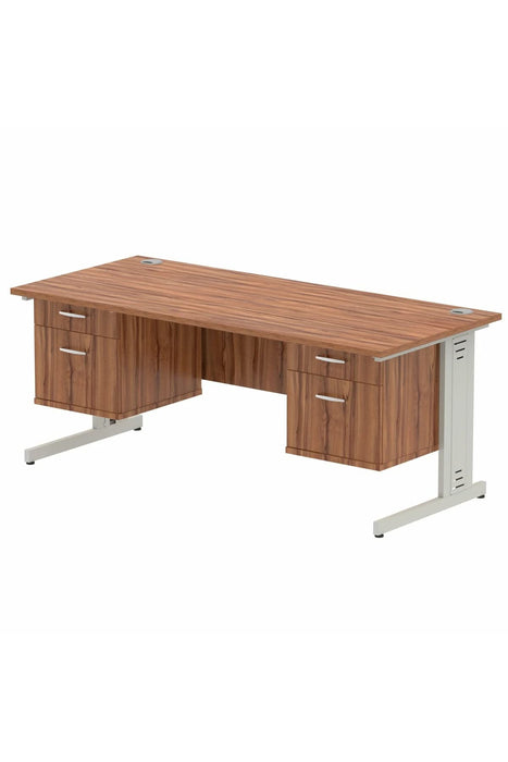 Dynamic Rectangular Office Desk Walnut MFC Cable Managed Cantilever Leg Silver Frame Impulse 2 x 2 Drawer Fixed Ped 1800 x 800 x 730mm