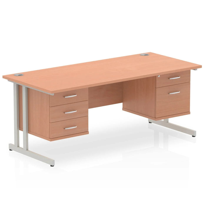 Dynamic Rectangular Office Desk Beech MFC Cantilever Leg Silver Frame 1 x 2 Drawer 1 x 3 Drawer Fixed Ped 1600 x 800 x 730mm