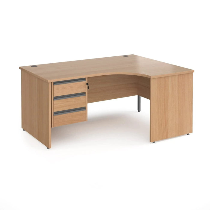 Dams International Right Hand Ergonomic Desk with 3 Lockable Drawers Pedestal and Oak Coloured MFC Top with Silver Panel Ends and Silver Frame Corner Post Legs Contract 25 1600 x 1200 x 725 mm