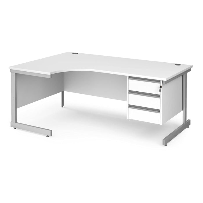 Left Hand Ergonomic Desk with 3 Lockable Drawers Pedestal and Beech Coloured MFC Top with Silver Frame Cantilever Legs Contract 25 1600 x 1200 x 725 mm