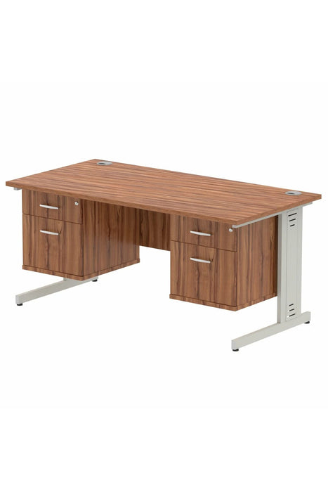 Dynamic Rectangular Office Desk Walnut MFC Cable Managed Cantilever Leg Silver Frame Impulse 2 x 2 Drawer Fixed Ped 1600 x 800 x 730mm