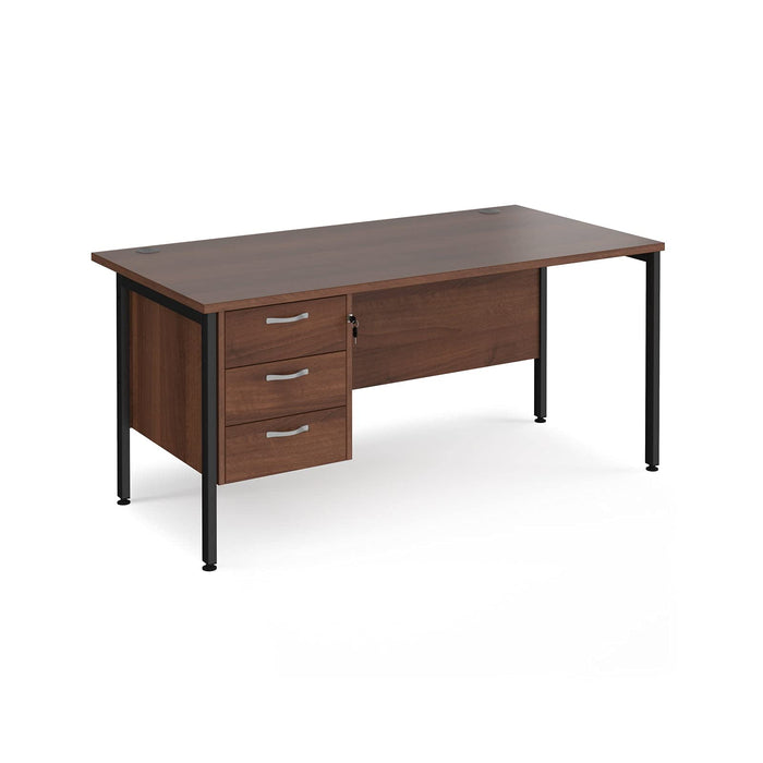 Rectangular Straight Desk Walnut Wood H-Frame Legs Black Maestro 25 1400 x 800 x 725mm 3 Drawer Pedestal