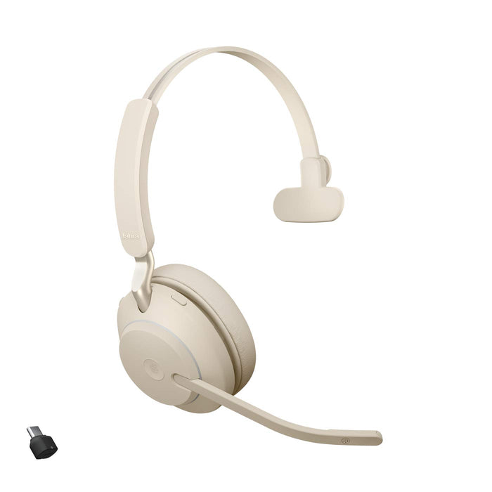 Jabra Evolve2 65 MS Stereo - Headset - on-ear - Bluetooth - wireless - USB-C - noise isolating - beige - with charging stand - Certified for Microsoft Teams