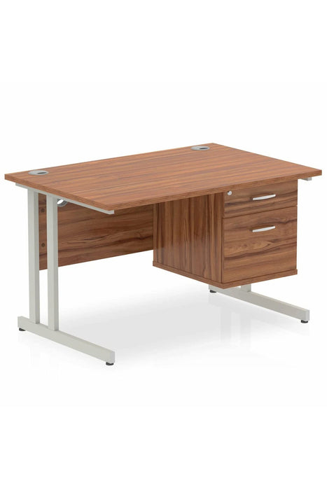 Dynamic Rectangular Office Desk Walnut MFC Cable Managed Cantilever Leg Silver Frame Impulse 1 x 2 Drawer Fixed Ped 1800 x 800 x 730mm