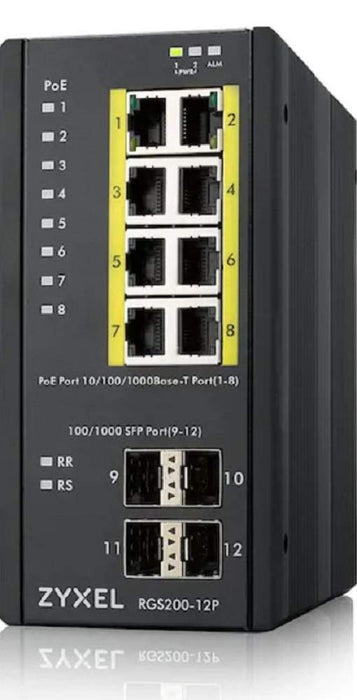 Zyxel RGS200-12P - Switch - Managed - 8 x 10/100/1000 (PoE+) + 4 x SFP - rack-mountable, DIN rail mountable - PoE+ (240 W) - DC power