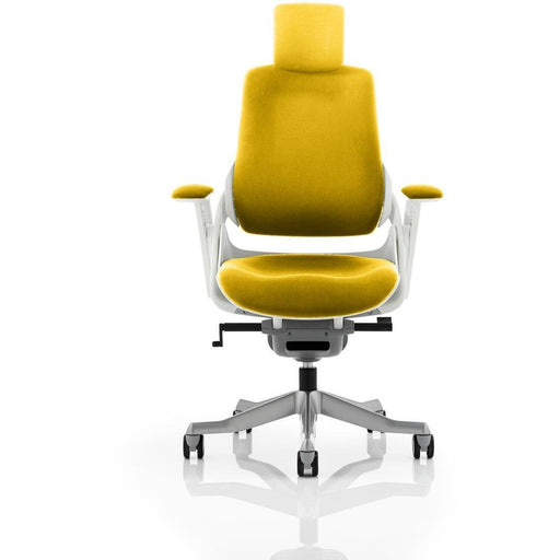 Dynamic Synchro Tilt Executive Chair Height Adjustable Arms Zure Senna Yellow Seat, White Frame Without Headrest High Back