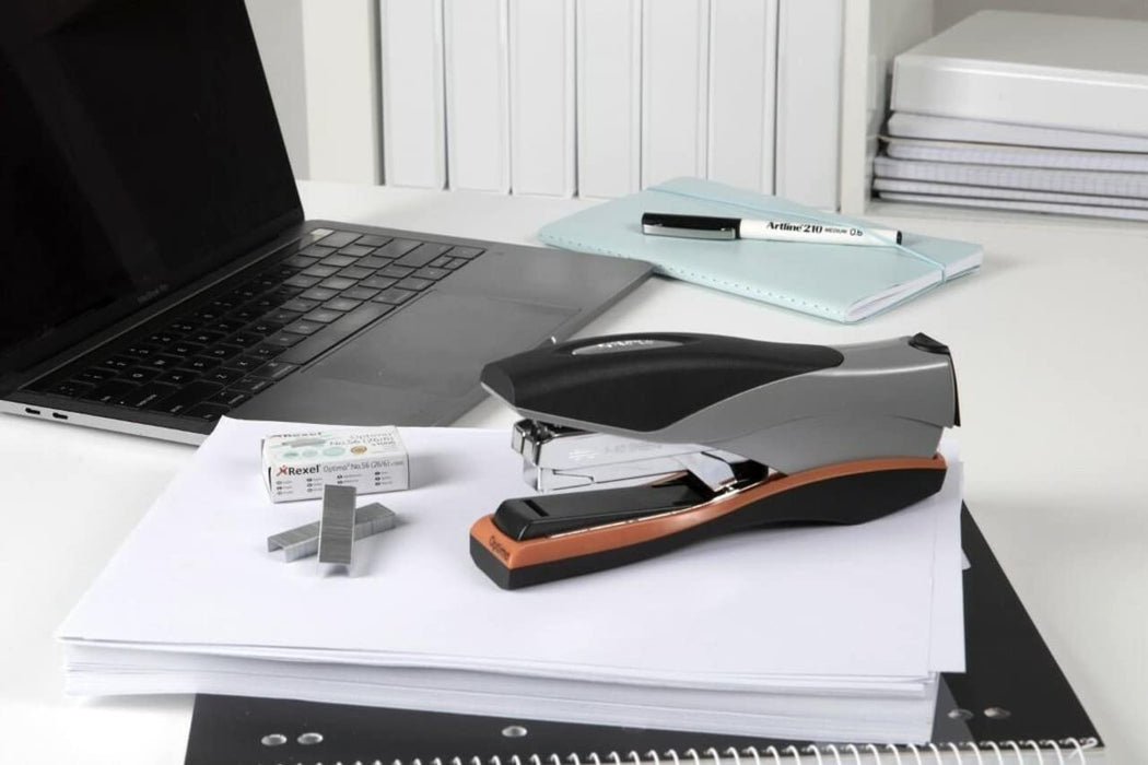 Rexel Optima 40 Flat Clinch Stapler 2102357 Low Force Full Strip Silver, Orange 40 Sheets Optima 26/6 Metal, Plastic