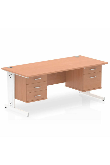 Dynamic Rectangular Office Desk Beech MFC Cable Managed Cantilever Leg White Frame 1 x 2 Drawer 1 x 3 Drawer Fixed Ped 1600 x 800 x 730mm