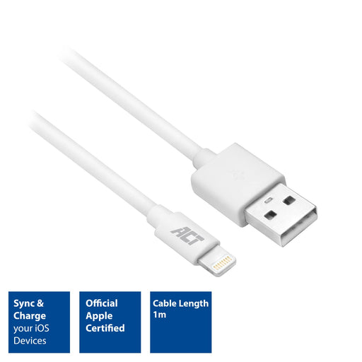 ACT USB Cable USB A Male to Apple Lightning AC3011 1 m White