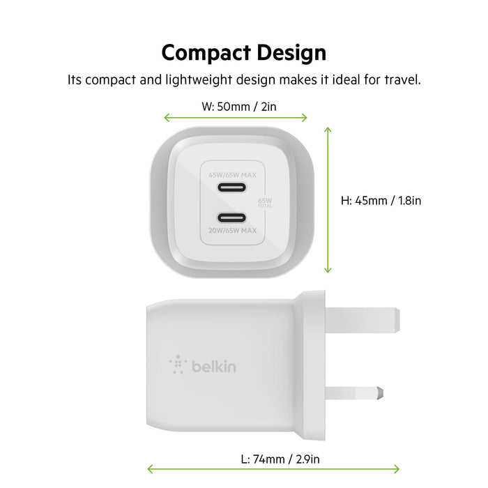 Belkin BOOST CHARGE PRO 65W Power Delivery PPS Universal Dual USB-C GaN Charger White