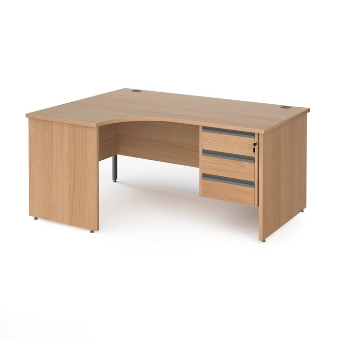 Dams International Left Hand Ergonomic Desk with 3 Lockable Drawers Pedestal and Oak Coloured MFC Top with Graphite Panel Ends and Silver Frame Corner Post Legs Contract 25 1600 x 1200 x 725 mm