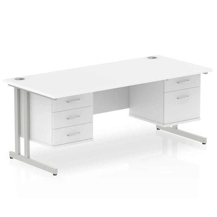 Dynamic Rectangular Office Desk White MFC Cantilever Leg Silver Frame Impulse 1 x 2 Drawer 1 x 3 Drawer Fixed Ped 1800 x 800 x 730mm