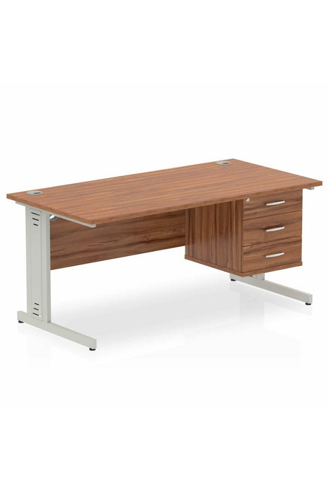 Dynamic Rectangular Office Desk Walnut MFC Cable Managed Cantilever Leg Silver Frame Impulse 1 x 3 Drawer Fixed Ped 1600 x 800 x 730mm