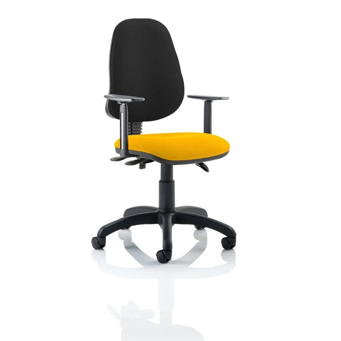 Dynamic Permanent Contact Backrest Task Operator Chair Height Adjustable Arms Eclipse Plus III Black Back, Senna Yellow Seat Without Headrest High Back