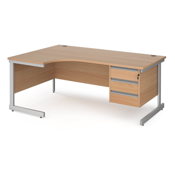 Left Hand Ergonomic Desk with 3 Lockable Drawers Pedestal and Beech Coloured MFC Top with Silver Frame Cantilever Legs Contract 25 1600 x 1200 x 725 mm