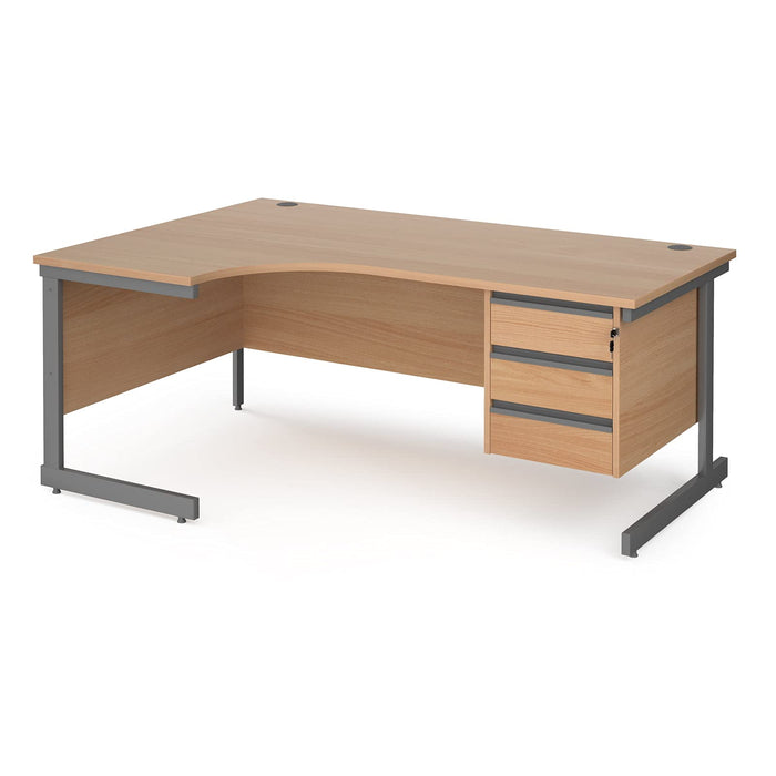 Left Hand Ergonomic Desk with 3 Lockable Drawers Pedestal and Beech Coloured MFC Top with Graphite Frame Cantilever Legs Contract 25 1600 x 1200 x 725 mm