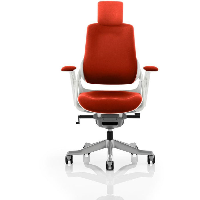 Dynamic Synchro Tilt Executive Chair Height Adjustable Arms Zure Tobasco Red Seat, White Frame Without Headrest High Back