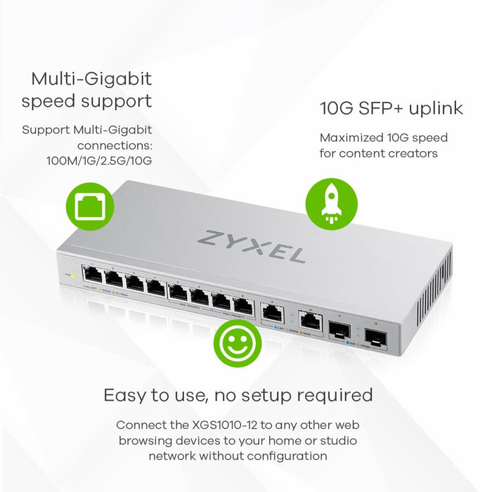 Zyxel XGS1010-12 - Switch - 8 x 10/100/1000 + 2 x 100/1000/2.5G + 2 x 1 Gigabit / 10 Gigabit SFP+ (uplink) - desktop, wall-mountable