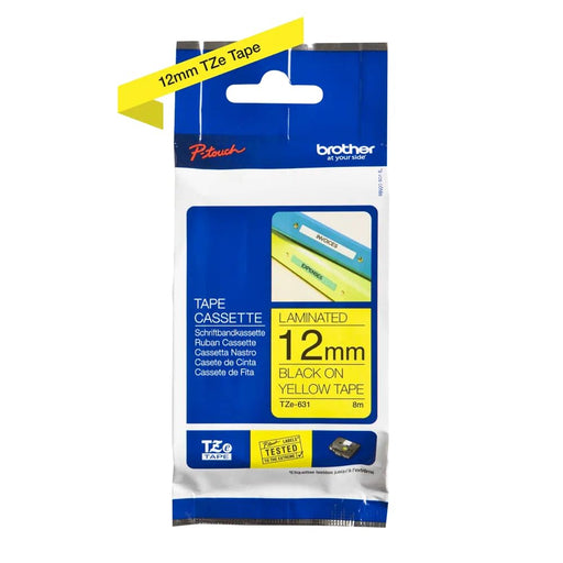 Brother P-touch Labelling Tape Authentic TZe-631 Adhesive Black on Yellow 12 mm x 8 m